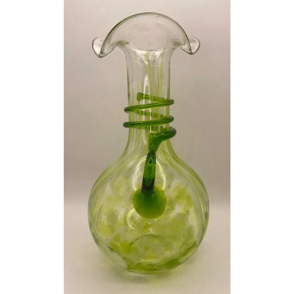 Vintage Murano Style Green Vase/Pitcher with Ruffled Lip & Bulb Base With Handle